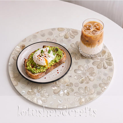 Handmade Round Floral Petal Mother of Pearl Inlay Placemat.
