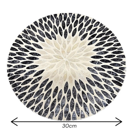 Handmade Round Mother of Pearl Placemat featuring a Black and White Leaf Mosaic Pattern.