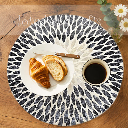 Round Black and White Mother of Pearl Leaf Mosaic Placemat.