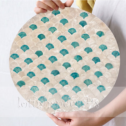 cute Round Mother of Pearl Placemat featuring a Black and White Leaf Mosaic Pattern.