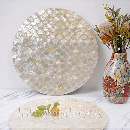 handmade Round Mother of Pearl Placemat with Scallop Shell Mosaic Inlay by Lotushandcrafts.