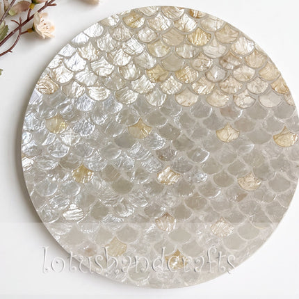 Round Mother of Pearl Placemat with Scallop Shell Mosaic Inlay.
