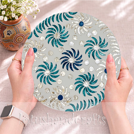 Handcrafted Round Mother of Pearl with White & Blue Spiral Floral Placemat by Lotushandcrafts