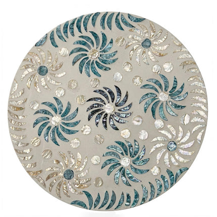 Handcrafted Round Mother of Pearl with White & Blue Spiral Floral Placemat by Lotushandcrafts.