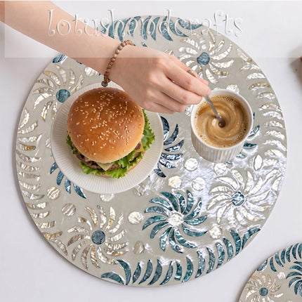 cute Round Mother of Pearl with White & Blue Spiral Floral Placemat by Lotushandcrafts.