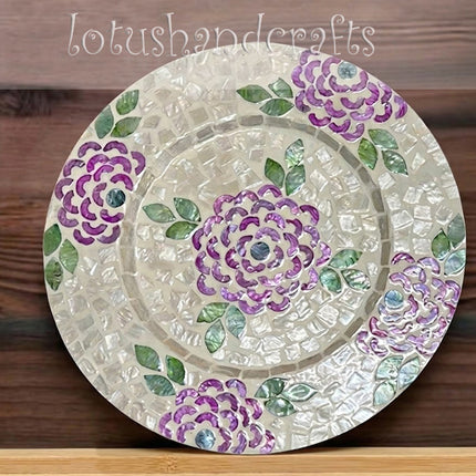 Round Mother of Pearl Purple Floral & Green Leaf Mosaic Inlay Decorative Charger Plate by Lotushandcrafts.