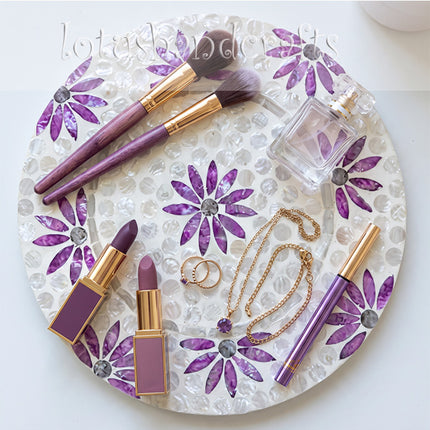 cute Mother of Pearl Round with Purple Floral Charger Plate by Lotushandcrafts.