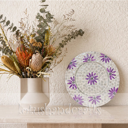 cute Mother of Pearl Round with Purple Floral Charger Plate.