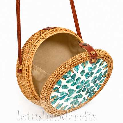 Handcrafted Round Rattan Bag With Mother Inlay with Teal Floral Pearl Mosaic - Boho Style by LotusHandcrafts