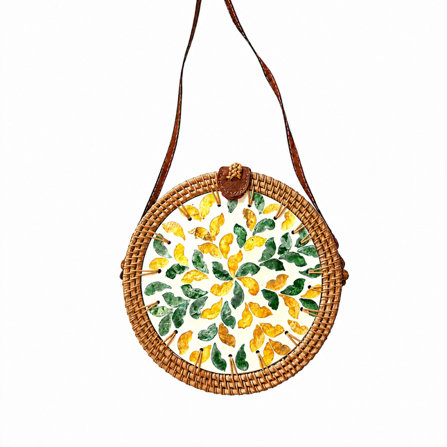 Cute rattan crossbody bag with green and yellow mother-of-pearl leaf inlay.