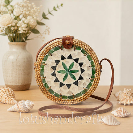 Womens Round Rattan Crossbody Bag - Mother Of Pearl & Green Flower Mosaic, Boho Style by Lotushandcrafts