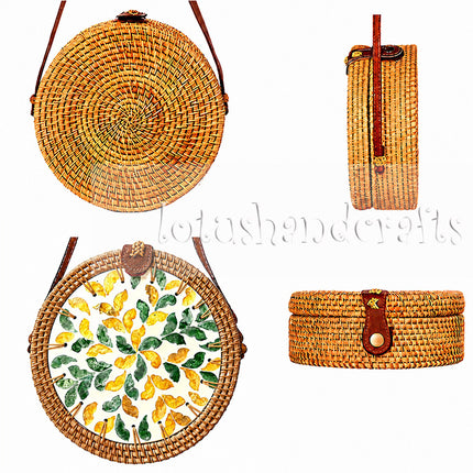 Round rattan crossbody bag with green and yellow mother of pearl leaf inlay, suitable for various layouts.