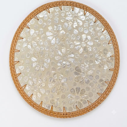 Rattan Mother of Pearl Floral Mosaic Round Placemat by Lotushandcrafts. 