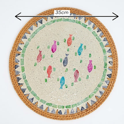 size Mother of Pearl Rattan Round Tray, Serving Tray & Charger Plate with Fish Mosaic by Lotushandcrafts.