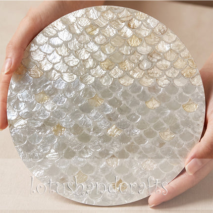 Round Mother of Pearl Placemat with Iridescent Scallop Shell Mosaic.