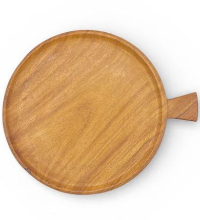 Handcrafted round serving plate with handle in a cute and elegant design.
