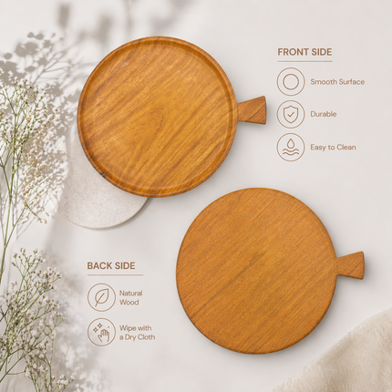 Handcrafted round serving plate with handle offers many practical uses and convenience.