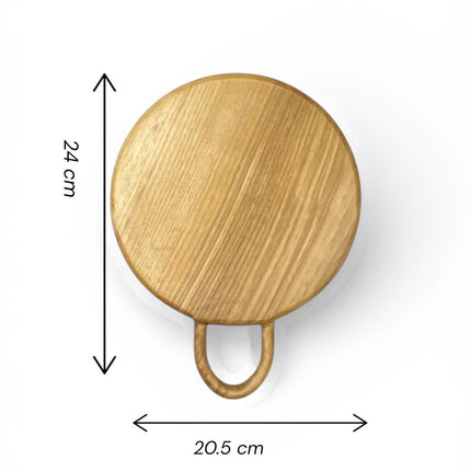 Round wood cutting board with loop handle in a compact and practical size.