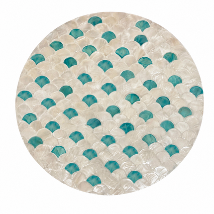 Round Mother of Pearl Placemat with Turquoise Fish Scale Mosaic. 