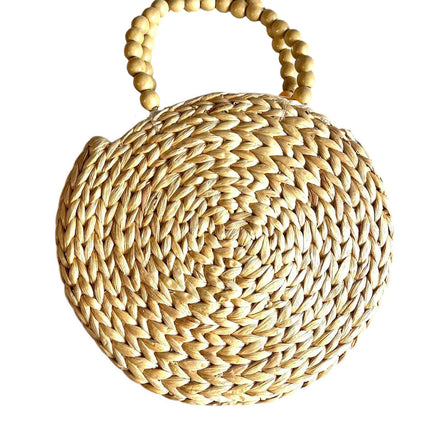 Handwoven Cute Round Water Hyacinth Tote Bag with Wooden Bead Handles.