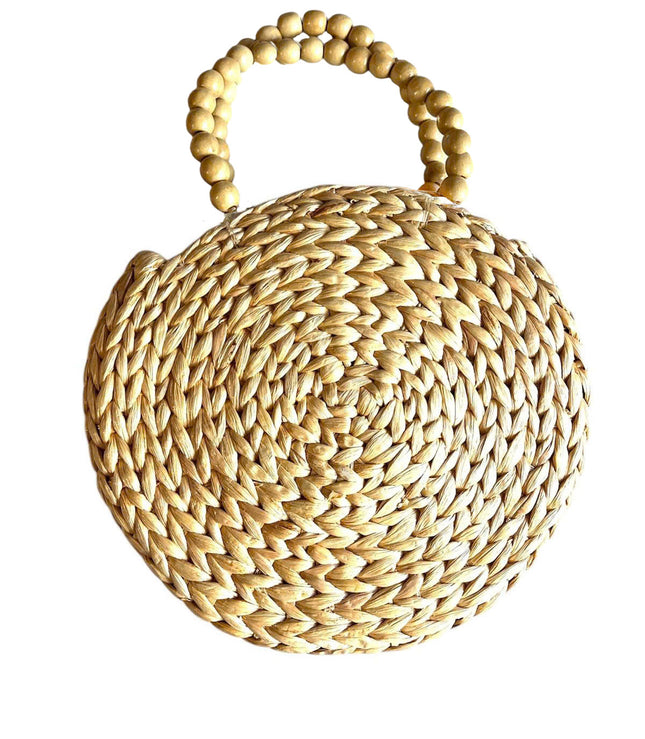 Handwoven Cute Round Water Hyacinth Tote Bag with Wooden Bead Handles.