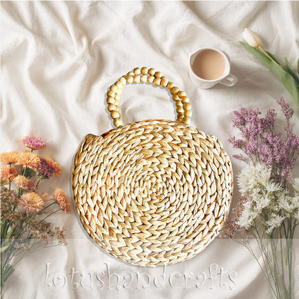 Cute Stylish Handwoven Round Water Hyacinth Tote Bag with Wooden Bead Handles.