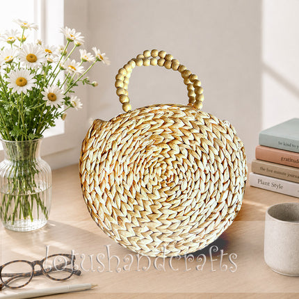 Modern Cute Handwoven Round Water Hyacinth Tote Bag with Wooden Bead Handles.