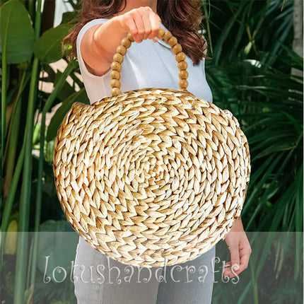 Cute Handwoven Round Water Hyacinth Tote Bag with Wooden Bead Handles.
