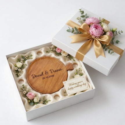 Handcrafted round serving plate with handle, a perfect gift for any occasion.