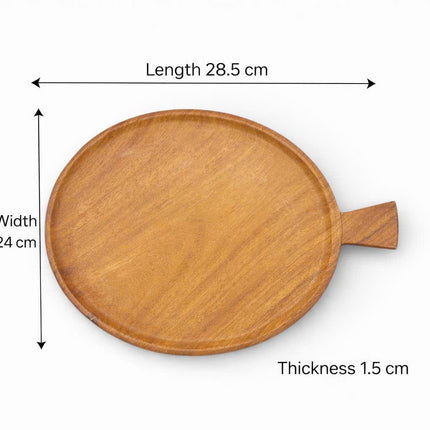 Handcrafted round serving plate with handle in a perfectly balanced and practical size.