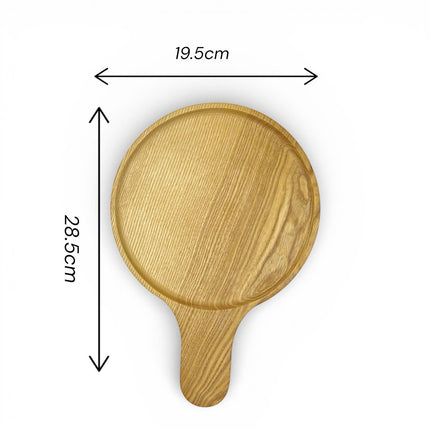 Round ashwood serving tray with paddle handle, perfect size for coffee, desserts, and daily use.