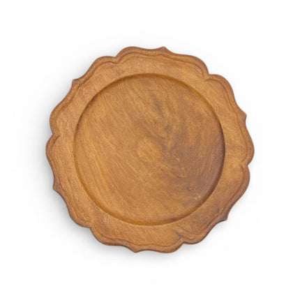 Handcrafted scalloped wood charger plate with a cute and charming design for everyday use.