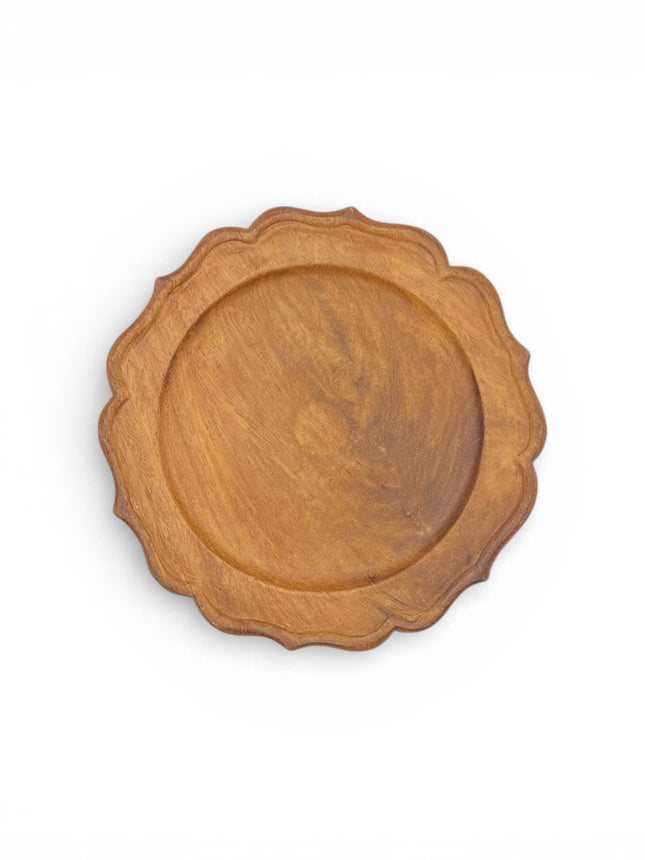 Handcrafted scalloped wood charger plate with a cute and charming design for everyday use.