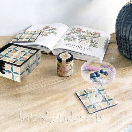 luxurious shell inlay coaster set, perfect coffee table decor and gift.