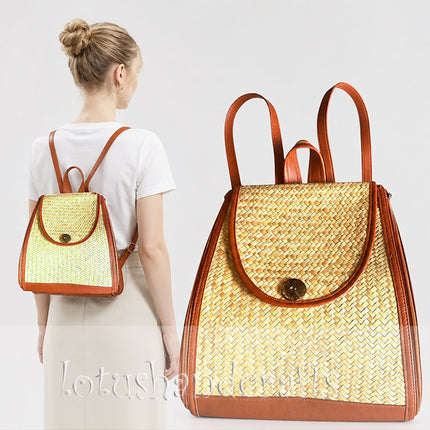 Handwoven Seagrass Backpack with Brown PU Leather Trim.