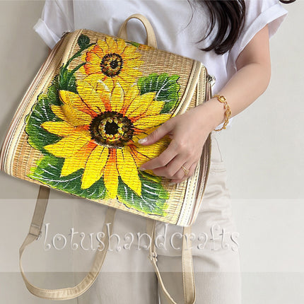 Handwoven Seagrass Backpack with Hand-Painted Sunflower – Chic & Youthful Style.