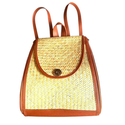 Handwoven Seagrass Backpack with Brown PU Leather Trim for Women by Lotushandcrafts.