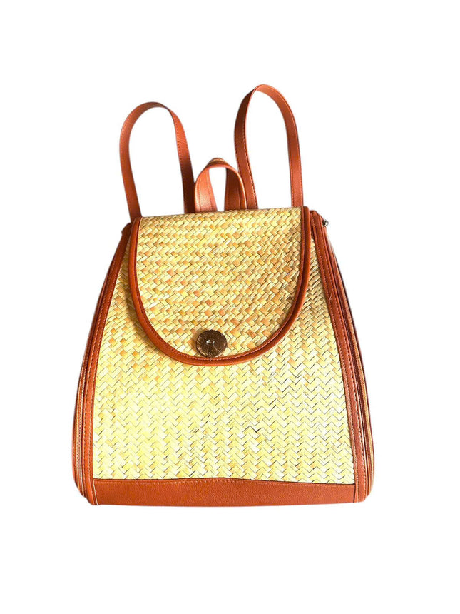 Handwoven Seagrass Backpack with Brown PU Leather Trim for Women by Lotushandcrafts.
