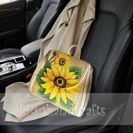 Handwoven Seagrass Backpack with Hand-Painted Sunflower | Natural Seagrass Backpack for Women