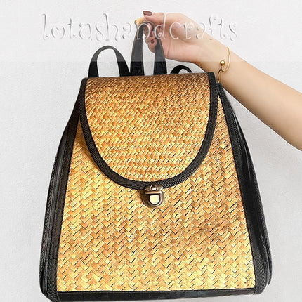 Handwoven seagrass backpack for everyday use with side zipper pockets.