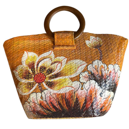 Handwoven seagrass tote bag with cute hand painted blooming floral.