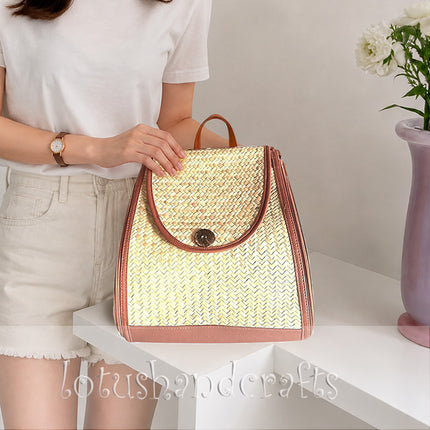 Handwoven Seagrass Backpack with Brown PU Leather Trim Young Style.