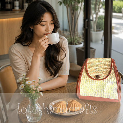 Handwoven Seagrass Backpack with Brown PU Leather Trim, Stylish.
