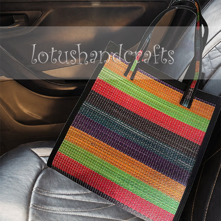 Colorful handwoven seagrass tote bag.