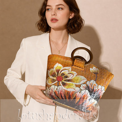 Handwoven Seagrass Tote Bag with Luxurious Hand Painted Blooming Floral.