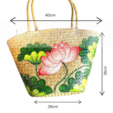 Woven Seagrass Tote Bag with Hand-Painted Lotus Blossom