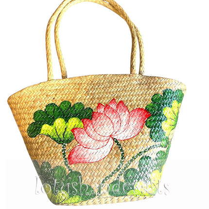 Cute Handwoven Seagrass Tote Bag with Hand-Painted Lotus Blossom Artwork.