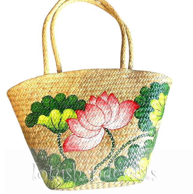 Cute Handwoven Seagrass Tote Bag with Hand-Painted Lotus Blossom Artwork.