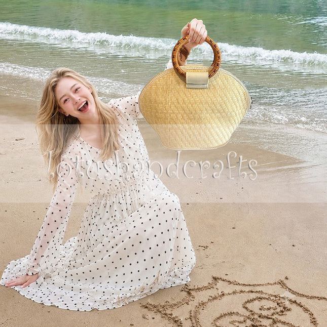 Youthful Handwoven Seagrass Seashell Handbag with Round Bamboo Handle.