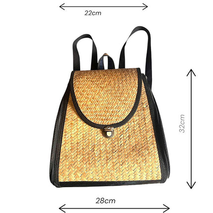 Natural handwoven seagrass backpack with side zipper pockets.